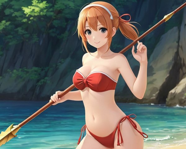 Young woman in red bikini with spear on beach