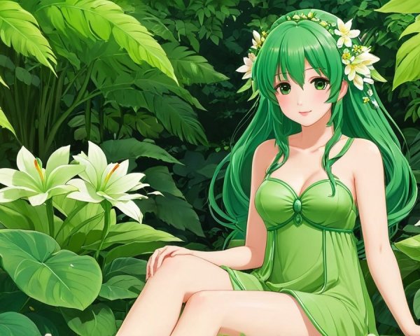 Young Woman with Green Hair in Lush Jungle Setting