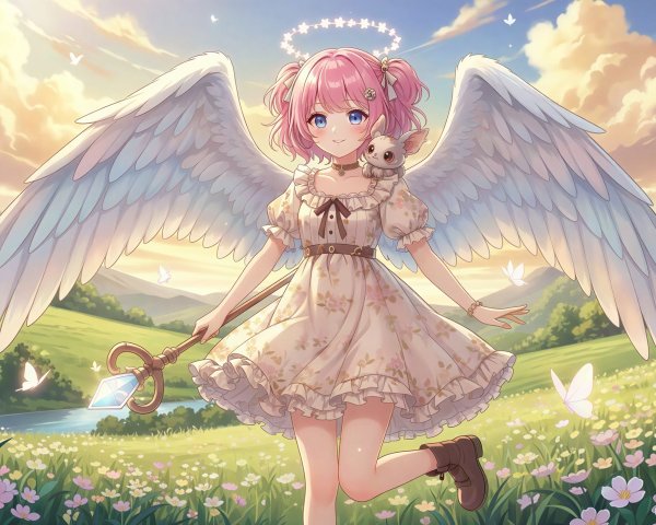 Cute Young Female Angel with Pink Hair and Dress