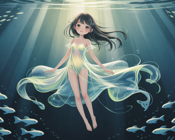 Anime Digital Artwork of Girl Floating Underwater