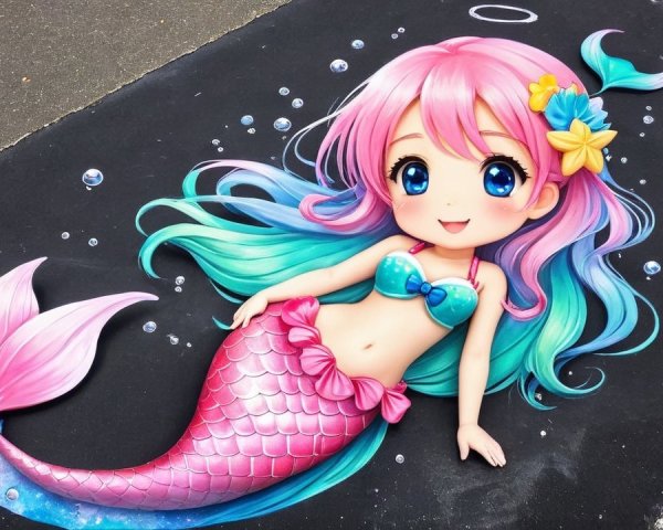 Vibrant Cartoon Mermaid with Pastel Hair and Tail