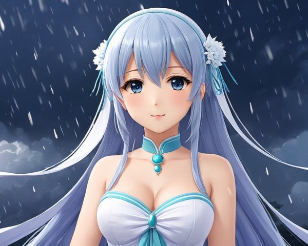 Serene character with blue hair in rainy backdrop