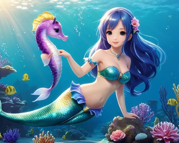 Underwater Scene Featuring a Mermaid and Seahorse