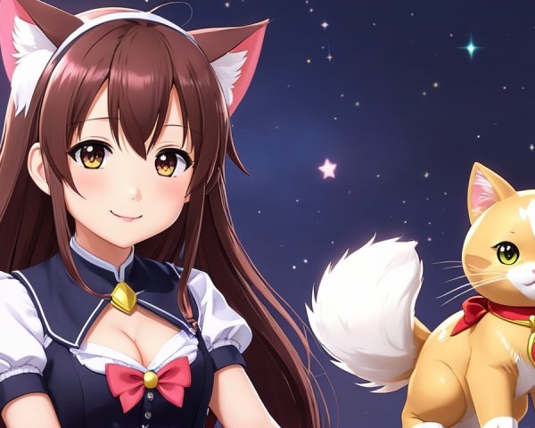 Charming anime character with cat ears and orange cat