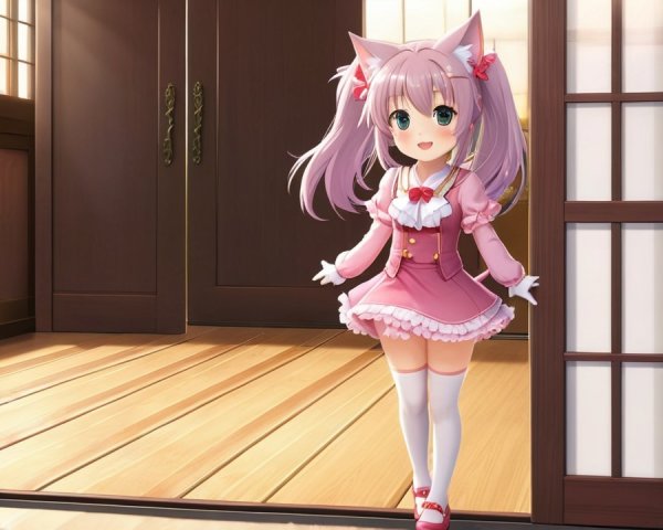 Animated girl with cat ears in a pink dress doorway