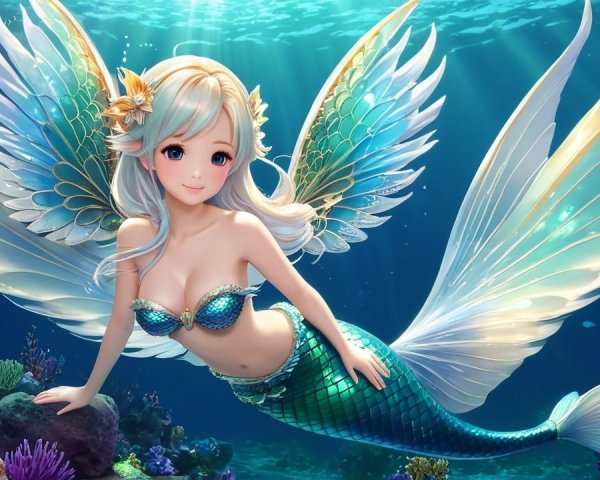 Mermaid with Teal Scales in Vibrant Underwater Scene