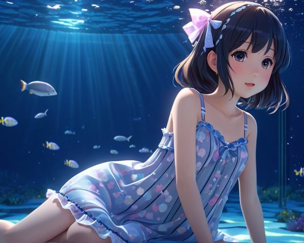 Young girl in floral dress underwater with fish