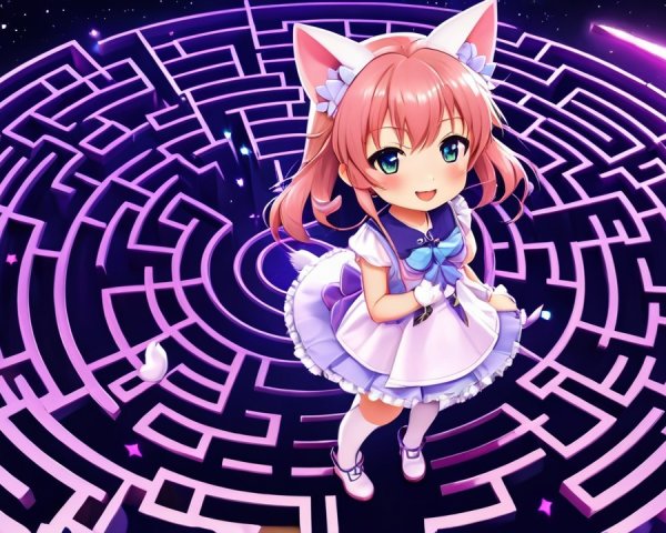 Cute anime character in maze with pink hair and cat ears