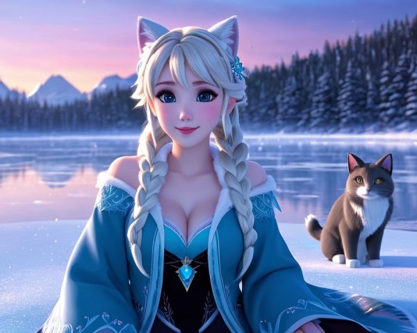 Winter Landscape with Snow Queen and Cat Companion