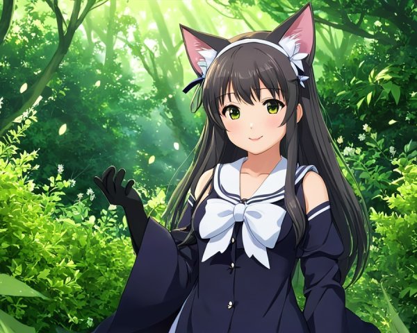 Cheerful anime character in a vibrant forest setting