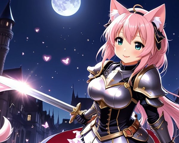 Anime Character in Knight Armor Under Full Moon
