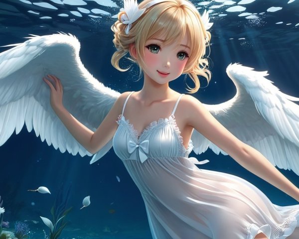 Underwater Scene with Angelic Wings and Light