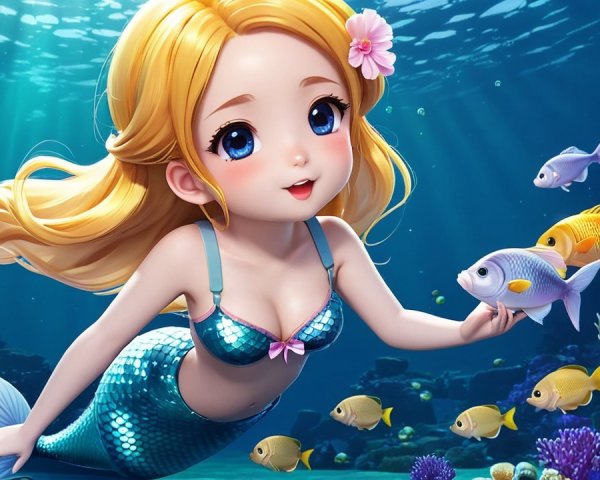 Vibrant Underwater Scene with Cheerful Mermaid