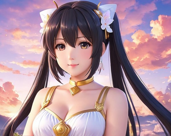Anime Character in Elegant Outfit at Sunset Backdrop