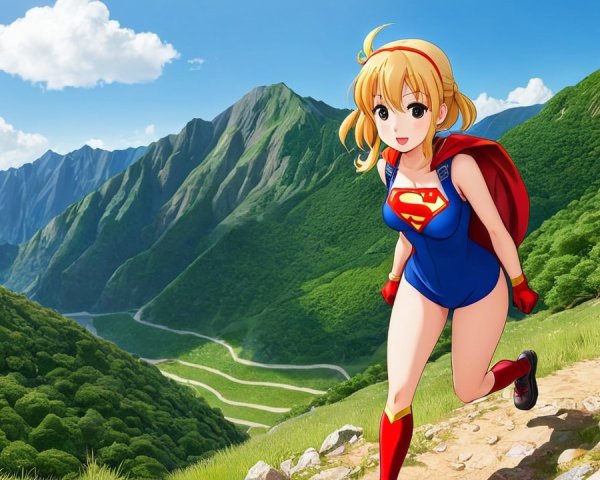 Cheerful Anime Character on Mountain Trail in Costume