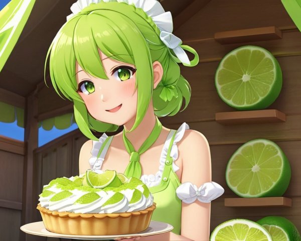 Cheerful girl with green hair at lemonade stand