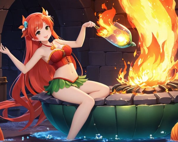 Character in Green Cauldron Surrounded by Flames