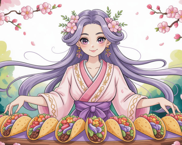 Anime-style woman in kimono holding tacos outdoors