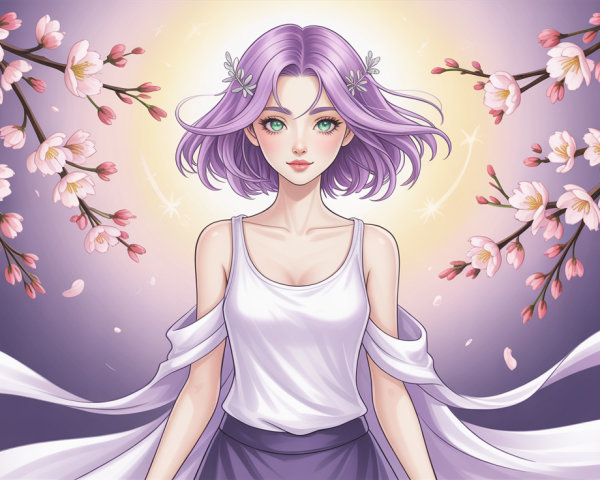 Anime Illustration of Woman Under Cherry Blossoms