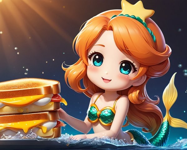 Animated Mermaid with Orange Hair and Cheese Sandwiches
