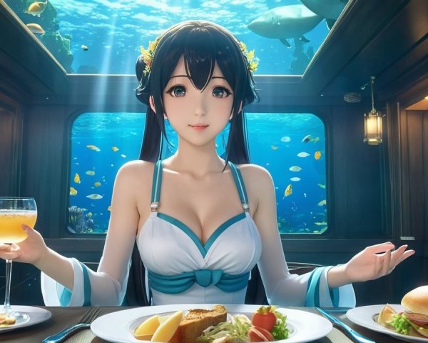 Animated Character Dining Underwater with Marine Life