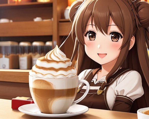 Cheerful girl in cozy café enjoying latte with cream
