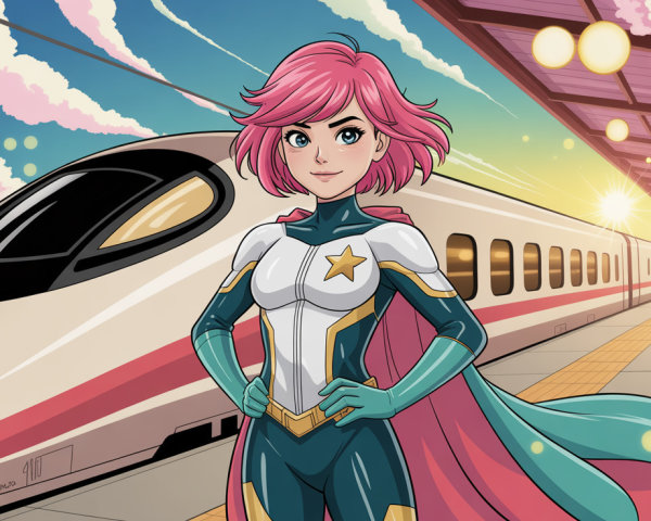 Superheroine in Teal Suit at Train Station Platform
