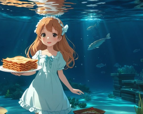 Animated girl underwater with lasagna and fish