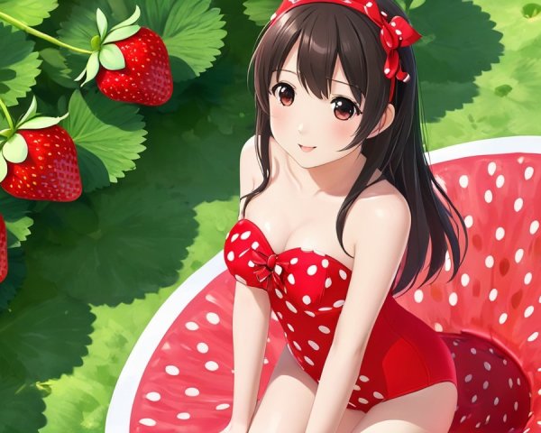 Cheerful girl in watermelon float among strawberries