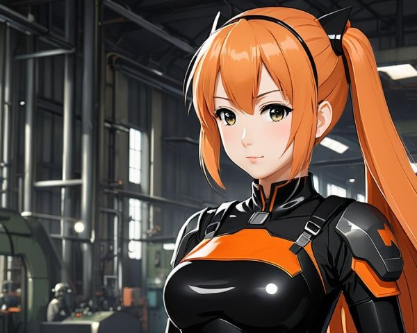 Female Character with Orange Hair in Industrial Setting