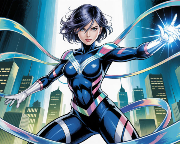 Confident Superheroine in Shiny Blue Suit with Skyline