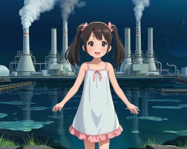 Anime Girl by Water with Industrial Background