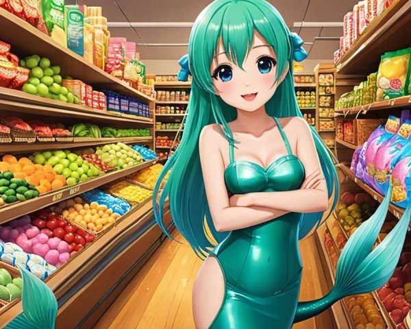 Cheerful Anime Character in a Colorful Grocery Aisle