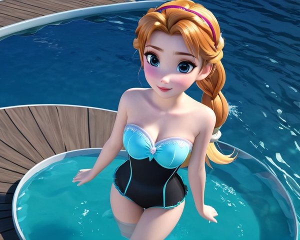 Cheerful Animated Character by Sparkling Pool