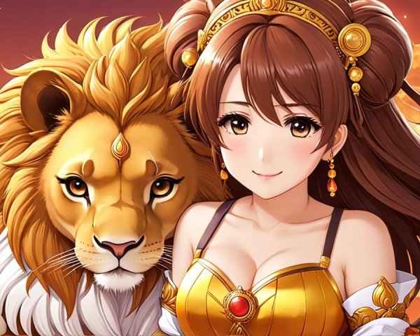 Young woman in gold outfit beside majestic lion at sunset