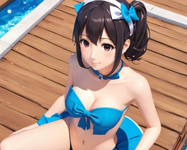 Young Woman by Sparkling Blue Pool in Vibrant Bikini