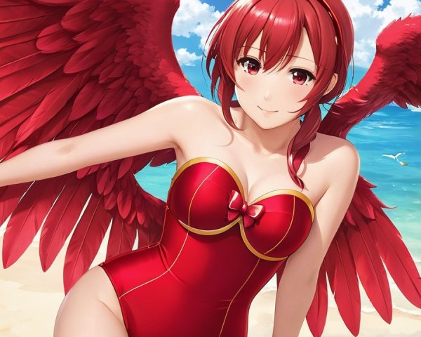 Character with Red Hair and Wings at Sunny Beach