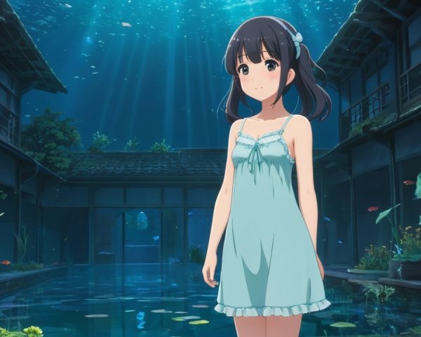 Young girl in serene underwater setting with aquatic life