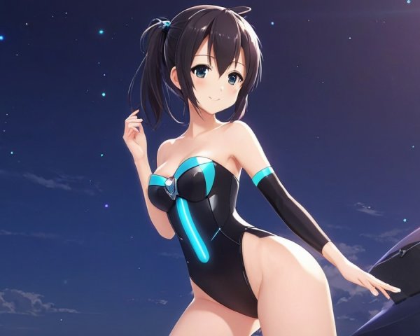 Futuristic Character in Black Swimsuit Against Starry Sky