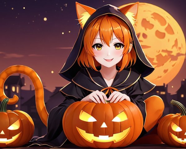 Whimsical Halloween Scene with Anime Character and Pumpkins
