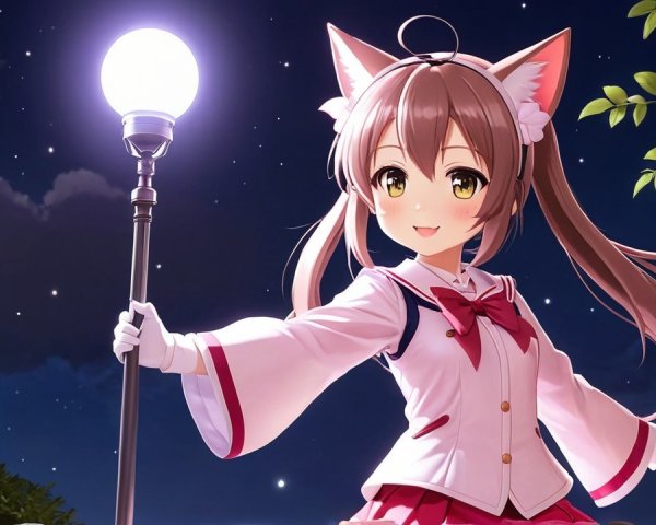 Cheerful anime character under a starlit sky