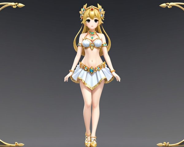 Stylized character with floral decorations and jewels