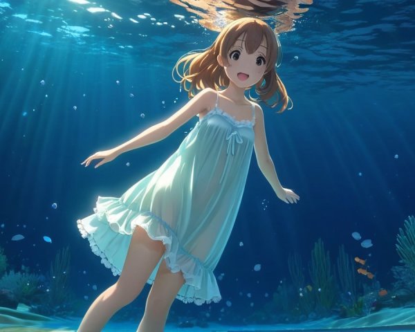 Young Girl Swimming in Light Blue Dress Underwater