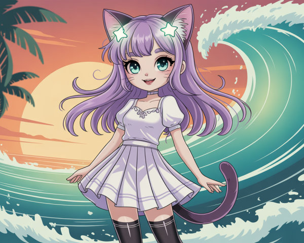 Cute Cat Girl Illustration at Tropical Beach Sunset
