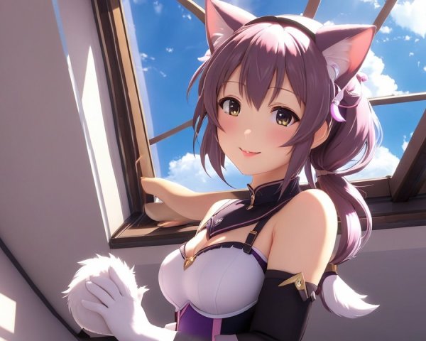 Anime Character with Cat Ears in Sunlit Setting