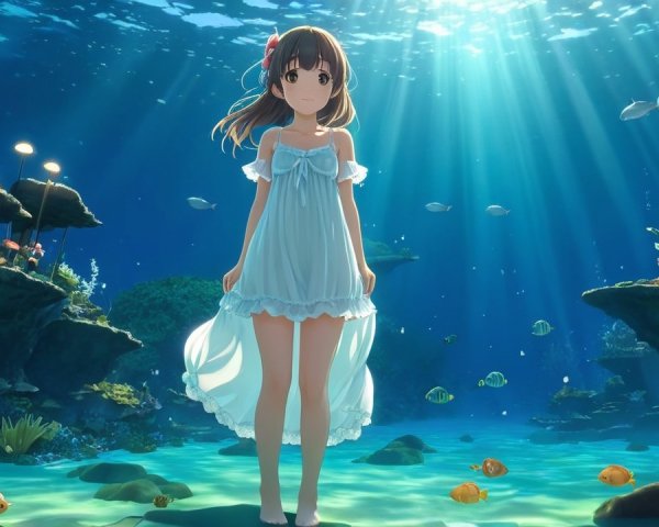 Young girl in blue nightgown underwater with coral reefs