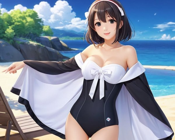 Character in Stylish Swimsuit by Serene Beach Scene