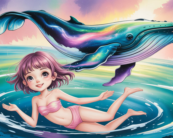 Anime girl in pink bikini floating in ocean with whale