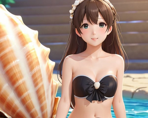 Young Woman by Pool in Black Bikini and Seashells