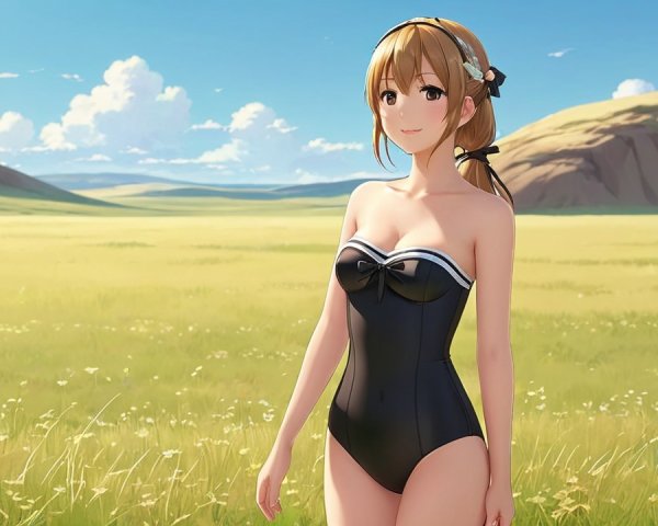 Cheerful anime character in a vibrant green field